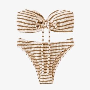 NEW CCB Vintage Euro Striped Brown & Beige Tie-Front Bandeau High Waist Bikini